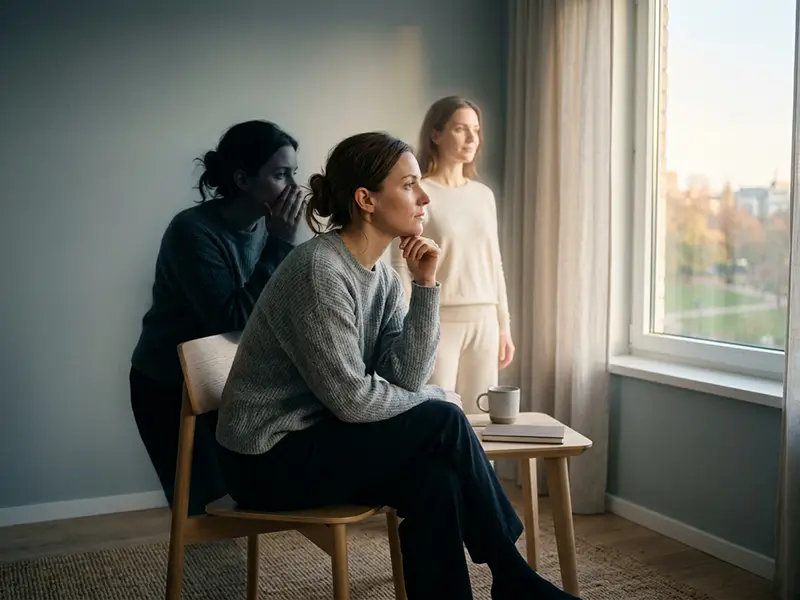 Persona reflexionando con dos versiones de sí misma detrás, una sombra con pensamientos negativos y otra figura luminosa representando un diálogo interno más positivo.